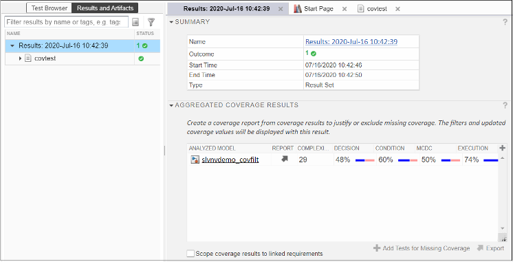 Summary and aggregated coverage results for a Result Set in the Test Manager.