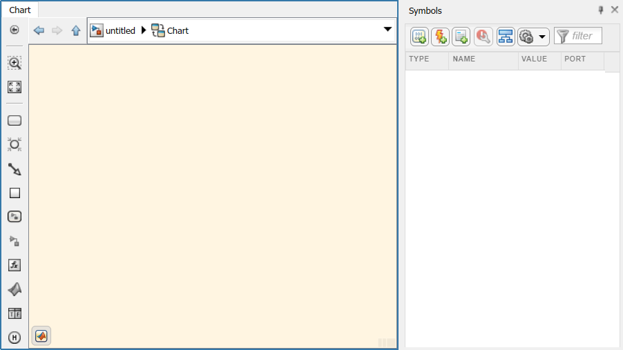 Default view of the Stateflow Editor.