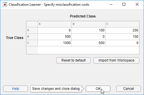 Dialog box with updated values for misclassification costs
