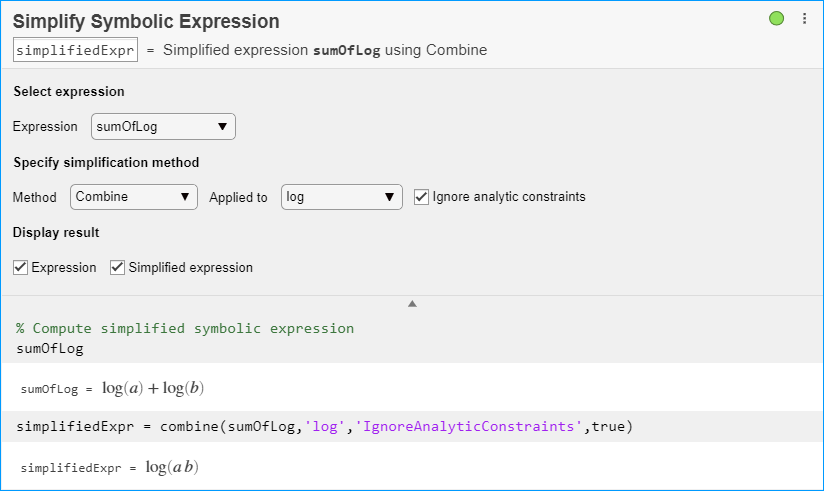 Simplify Symbolic Expression task in Live Editor