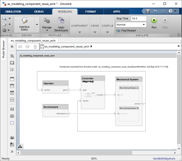 Exported model in a system composer window displayed as an architecture model.