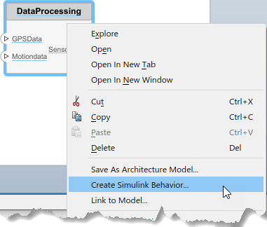 Right click menu option for component named 'Data Processing' to select 'Create Simulink Behavior.'