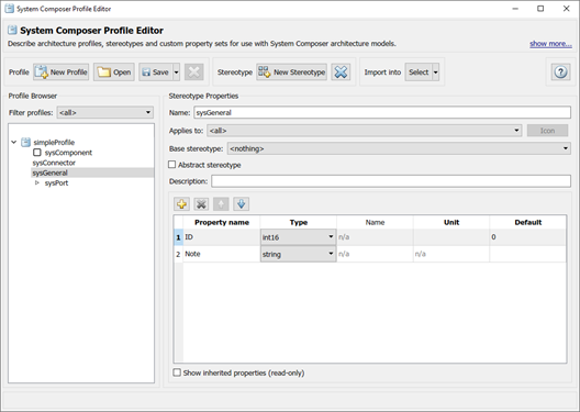 The System Composer Profile Editor with stereotype 'Sys General' with properties defined 'ID' and "Note'.