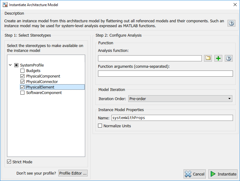 Instantiate Architecture Model window with stereotypes listed on the left and configure analysis on the right with iteration order pre-order and instance model name system with props. Options are to cancel or instantiate.