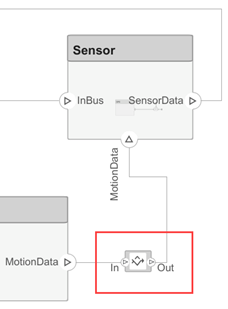 Interface adapter block in a model between ports on a connection.