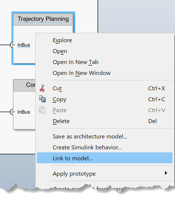 The component Trajectory Planning and a right-click menu with selection 'Link to model...'