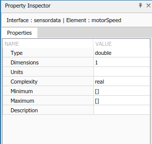 Displays the properties for the interface element named 'motor speed' under the property inspector showing properties named Type as a double, Dimensions as 1, Units blank, Complexity as real, Minimum empty, Maximum empty, and Description blank.