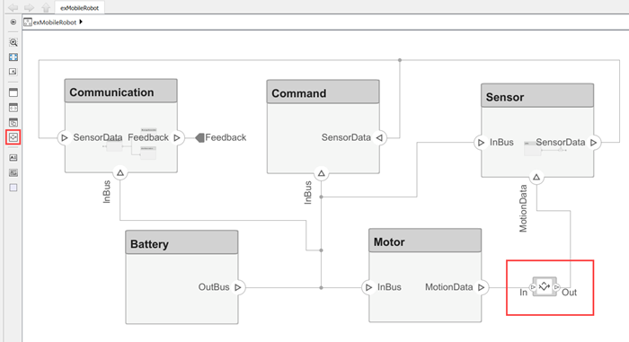 Demonstrates using the left toolstrip to click and drag an adapter block into the model. The adapter block is inserted between the 'Sensor' component and the 'Motor' component along the connection between two ports called 'Motion Data'.