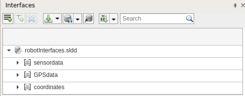 The robot interfaces dictionary shown in the interface editor window. Below the dictionary are the interfaces named 'sensor data', 'GPS data', and 'coordinates'.