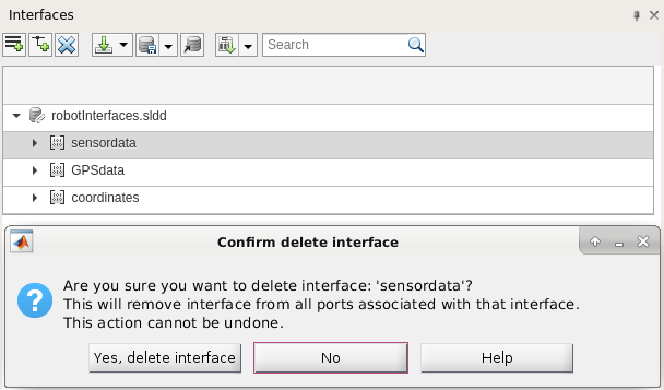 The 'sensor data' interface is selected. The confirm delete interface warning message says: Are you sure you want to delete interface: 'sensor data'? This will remove interface from all ports associated with that interface. This action cannot be undone. The default selection is No.