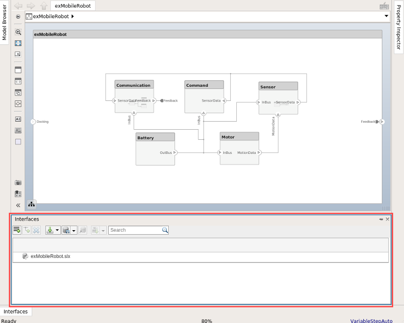 Displays exMobileRobot architecture model with the interface editor indicated in red