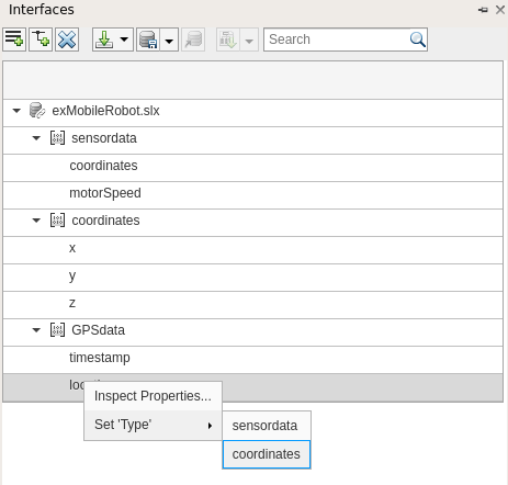 Displays the interface editor with three interfaces named 'sensor data', 'coordinates' and 'GPS data'. Below each of them are some interface elements with properties defined. Demonstrates the user right clicking on the 'location' interface element under the interface named 'GPS data' and selecting the option 'Set type' to choose the interface named 'coordinates'.