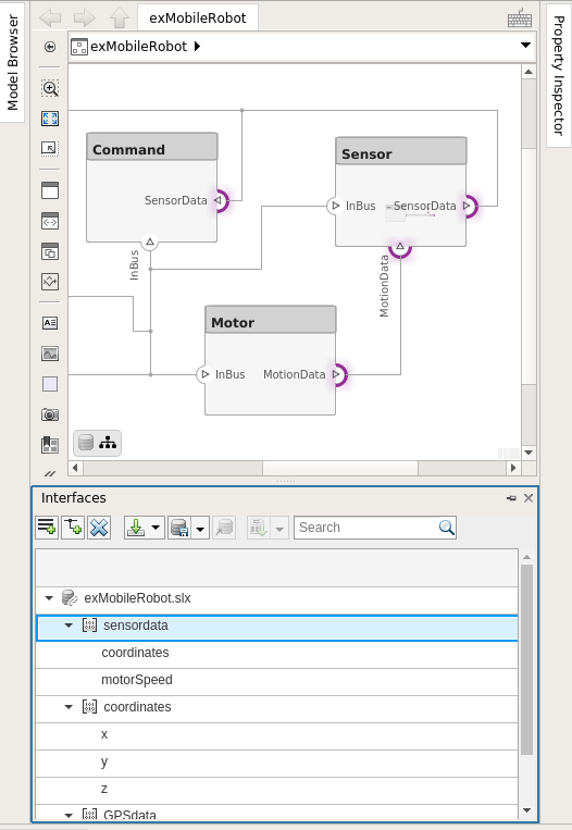 When the interface named 'sensor data' is selected in the interface editor, the ports that are associated with it are highlighted in purple in the model.