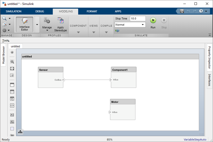 Model with a connection between Sensor and Component1 and an InBus on the Motor component.