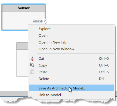 Selecting the Sensor component and right-clicking for the menu to select 'Save as Architecture Model…'