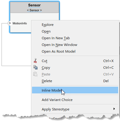 The referenced model Sensor with a right-click menu option selected 'Inline Model'.