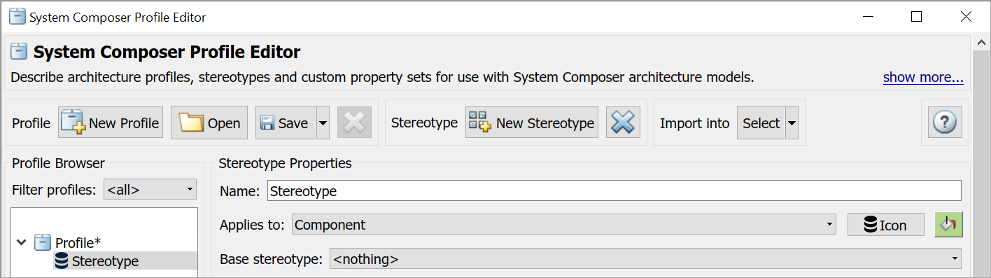 Selecting a custom icon and color for a stereotype on the profile editor.