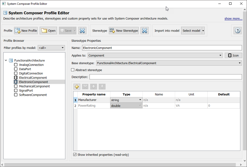 Adding a base stereotype in the profile editor to make the stereotype inherit properties from it.