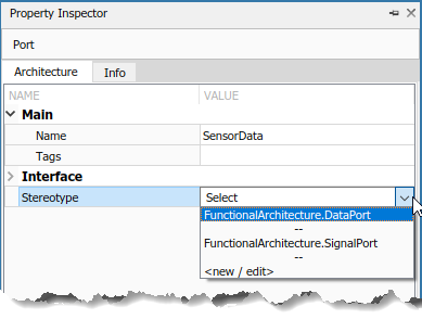 Selecting a stereotype from the property inspector for the 'Sensor Data' port.