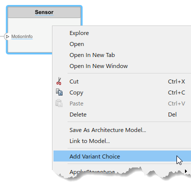 The Sensor component with right-click menu selection 'Add Variant Choice'.