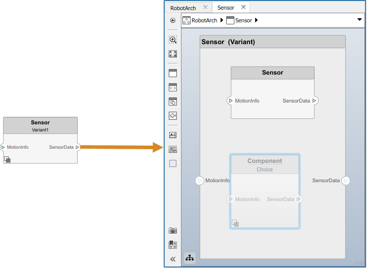 The variant component 'Sensor' with an arrow pointing to the inside. There is an active variant called 'Sensor' and an inactive variant called 'Component'.