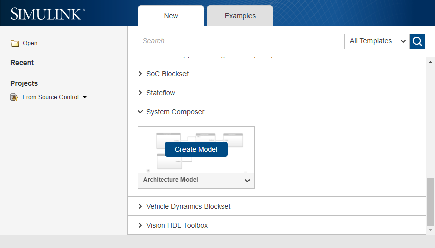 Simulink new selection menu specifying a system composer architecture model create model selection.