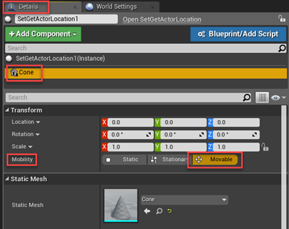 Unreal Editor set cone location