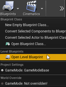Unreal Editor open level blueprint selection