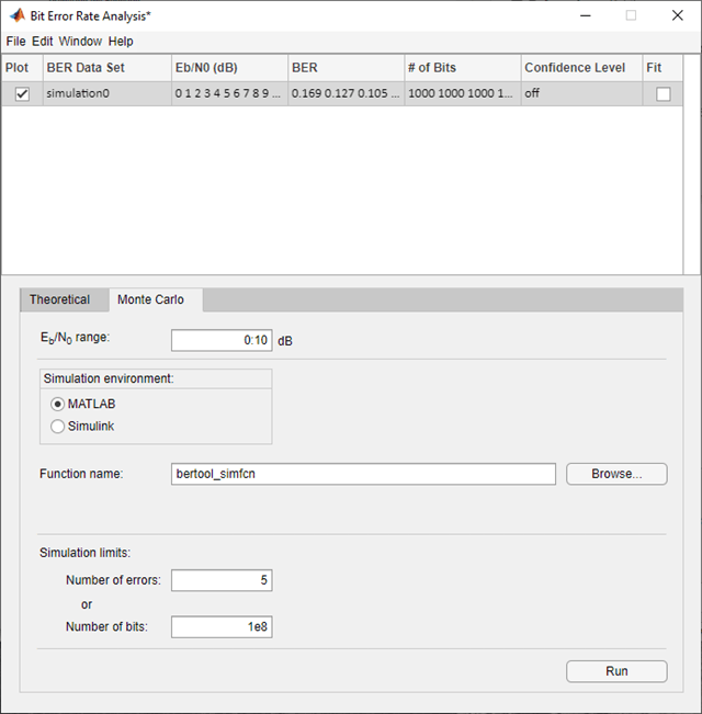 Parameter settings on the Monte Carlo tab of the Bit Error Rate Analysis app.