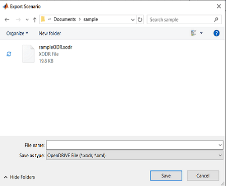 Export scenario window for saving the file