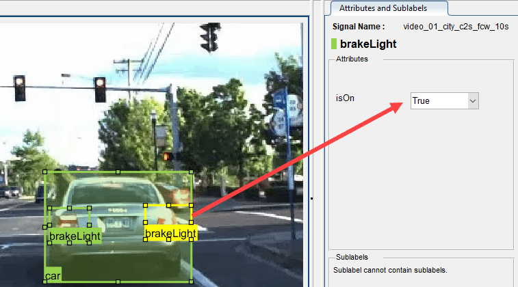 The labeled vehicle on the left and the Attributes and Sublabels pane on the right. The "brakeLight" label for the right brake light is highlighted and an arrow points from this sublabel to the "isOn" attribute in Attributes and Sublabels pane. This attribute is set to True.
