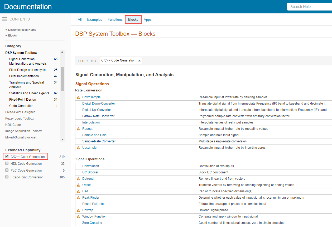 In the image below, there is a blue bar at the top written 'Documentation'. Right below that, on left, there is a contents pane. In the middle of the page, right under the blue bar, there are options that are clickable: 'All', 'Examples', 'Functions', 'Blocks', 'Apps'. In the contents pane, there are products listed. You can choose any product. However, the first product DSP System Toolbox is selected and you can see its categories listed. Below these products, there is list of extended capabilities available. The first capability is C/C++ Code Generation with a check box infront of it. Select this check box. In the clickable options at the top, select 'Blocks'. A list of blocks appears which supports C/C++ code generation. You can see a small triangle next to a block name if there are any C/C++ code generation notes and limitations listed in the respective reference page under Extended Capabilities > C/C++ Code Generation section.