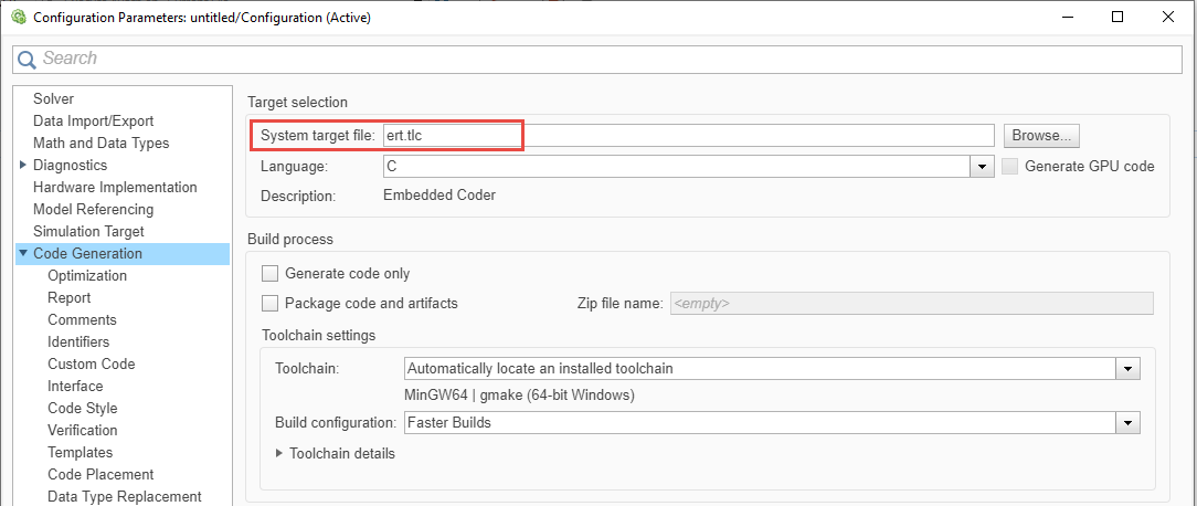 Choose Code Generation on the left. In the middle section of the window, enter ert.tlc for the System target file.