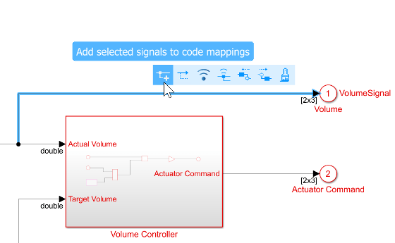 Signal of interest is selected in the model and the action bar is displayed. The cursor is on the Enable Code Configuration option.