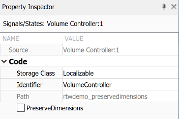 Property Inspector pane attached to the Code Mappings editor. Shows the cleared Preserve array dimensions property check box with non-empty Identifier property.