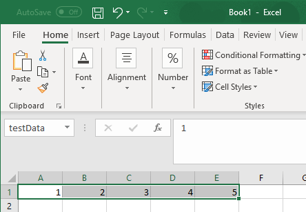 Worksheet cells A1 through E1 contain numbers 1 through 5 and the Name Box contains the name testData