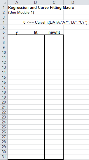 Worksheet cells A7 through A31 are empty cells for the y variable, cells B7 through B31 are empty cells for the fit variable, and cells C7 through C31 are empty cells for the newfit variable.