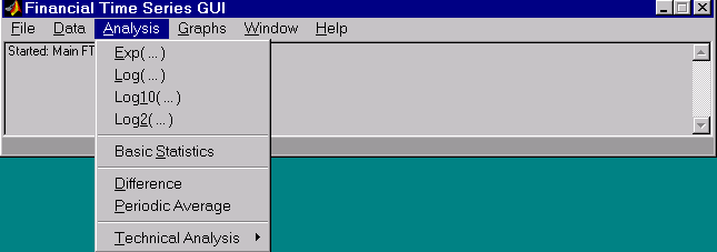 Financial Time Series main window Analysis menu