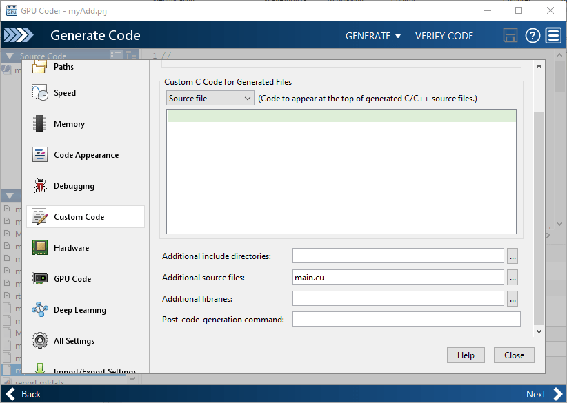 GPU Coder app custom code window