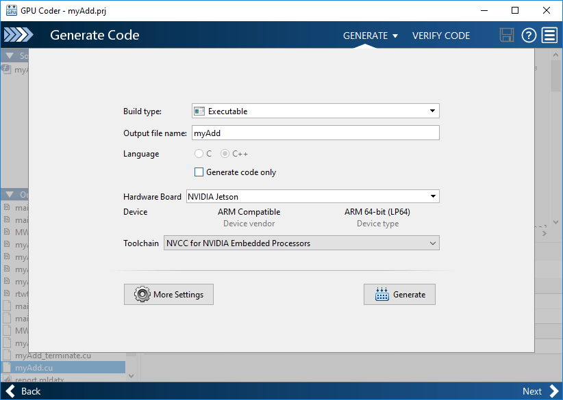Generate code window of the GPU Coder app showing hardware board and toolchain settings