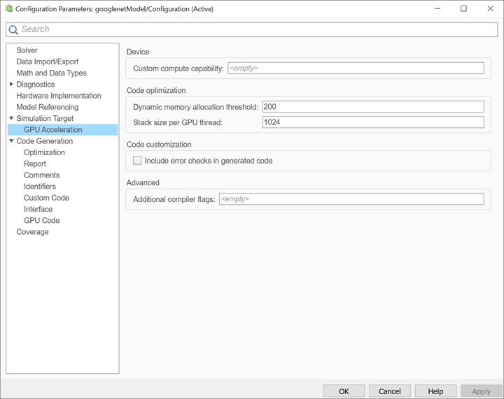 GPU Acceleration pane on the configuration parameters dialog of the model.