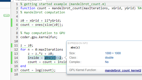 Entry-point function in the code pane highlighting code sections mapped to GPU kernels