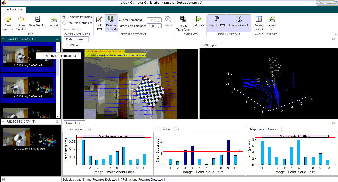 Lidar Camera Calibrator App Session