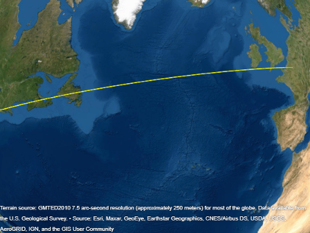 A globe with a yellow line between New York City and Paris. The entire line is visible.