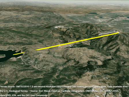 A 3-D line plotted from the surface of a reservoir to a point above a peak.