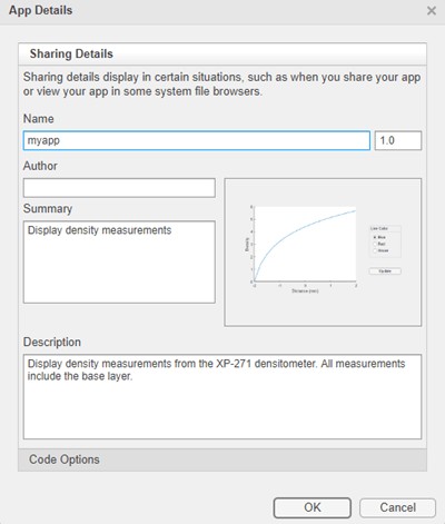 App Details dialog box showing fields for the app name, version, author, summary, and description.