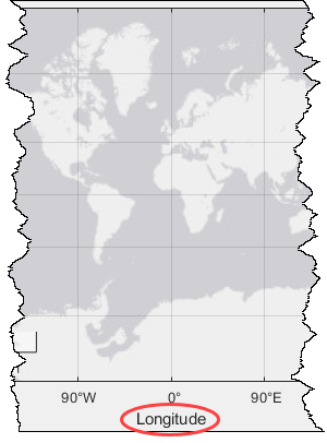 Longitude label below a map. The label is circled.