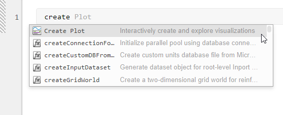 Image shows the mouse cursor hovering over the Create Plot Live Task option in the Tab Completion menu for the keyword "create"