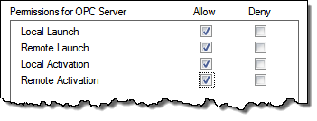 OPC server permissions allowing local and remote launch and activation