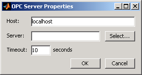 OPC server properties dialog